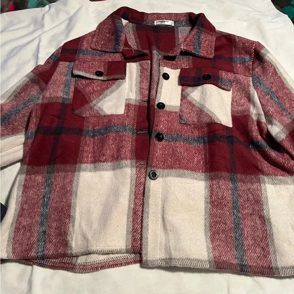 Plaid Red and Cream Button-Up Jacket. - Picture 5 of 6